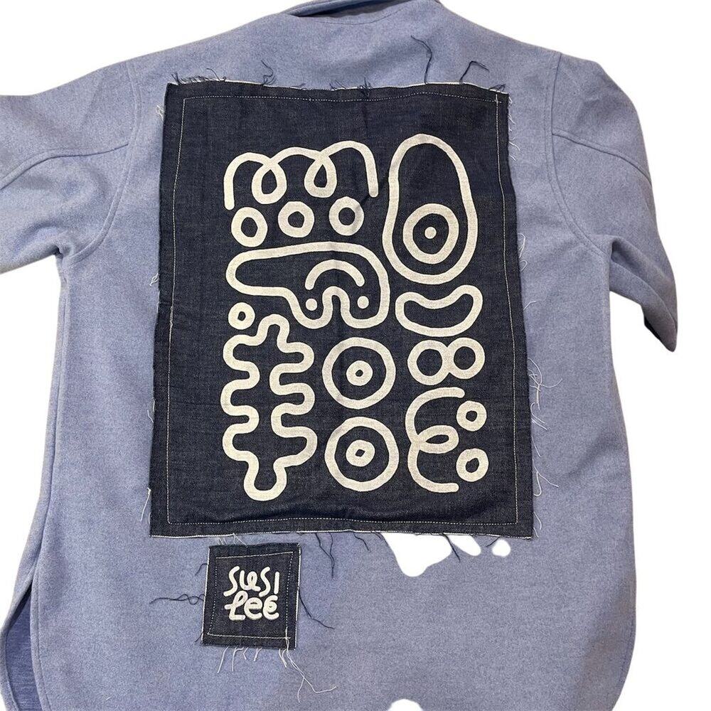 Susi Lee Women's Blue Jacket oversized S Artistic Denim Appliqué Button Front